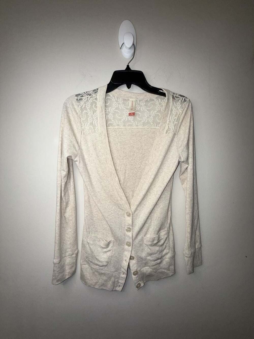 No Boundaries Lace Shoulder Cardigan Sweater Oatmeal Heather Size M (7-9)
